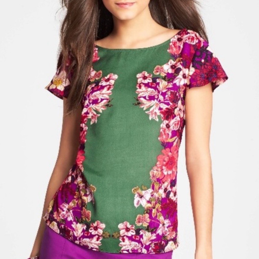 Ann Taylor Jungle Floral Print Flutter Sleeve Top Size 0